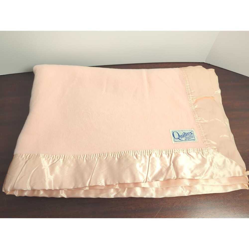Vintage Quiltex Pink Baby Blanket Satin Trim Crib Nursery Security Blanket 38x52